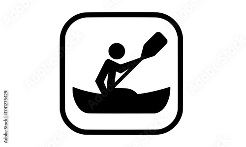 a black and white icon depicting a person kayaking in a canoeblack, boat, canoe, flat, icon, illustration, kayak, man, oar, paddle, person, row, rowboat, square 