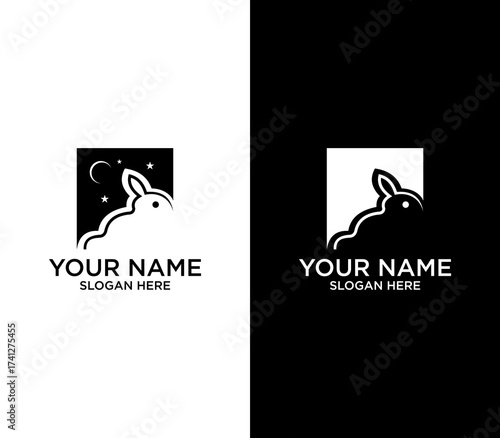 Night Rabbit Silhouette In Square Frame With Moon And Stars — Stylized Line Art Illustration