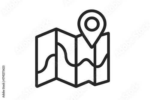 Map with location pin icon. Vector symbol for navigation and destination. GPS pointer for finding a route or address. Simple line art for travel, tourism, and direction concept.
