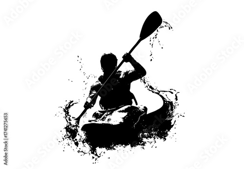 a silhouette of a person in a kayak, paddling through water splashesblack, canoe, kayak, man, oar, paddle, person, ride, splash, water, white 