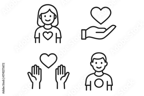 Volunteer icon set in a linear style. Symbols for charity, donation, and support. Vector collection of love, care, and help concepts for philanthropy and social work.