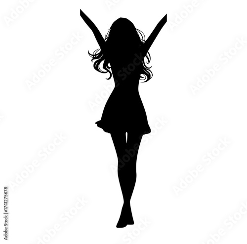 a silhouette of a girl with long hair, raising her arms in the airarm, baseball bat, black, catch, dance, dress, girl, hand, profile, sword, woman 