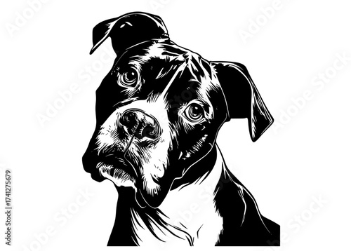 a black and white illustration of a dog's head, featuring a stylized, expressive faceblack, dog, head, illustration, image, portrait, stare, white 
