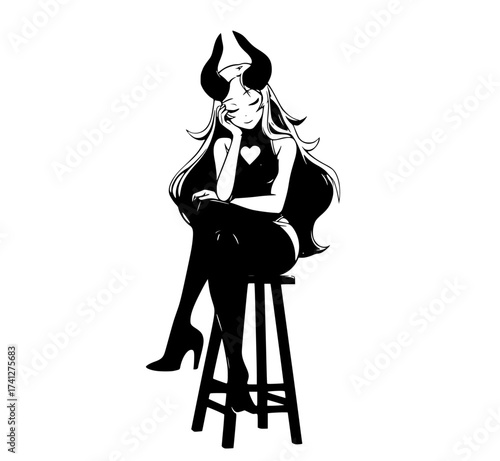 a stylized silhouette of a woman sitting on a stool with horns, wearing a sleeveless dress and high heelsbar stool, black, chair, girl, illustration, profile, sit, stool, witch, woman 
