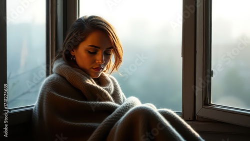 A woman wrapped in a blanket sits by a window, looking down in contemplation Free Download A woman wrapped in a blanket sits by a window, looking down in contemplation - GFXLoad