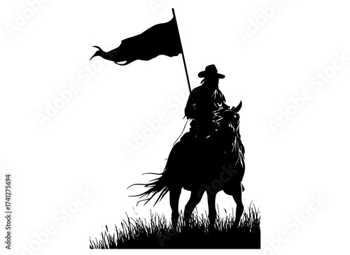 a silhouette of a cowboy riding a horse with a flagblack, catch, cowboy, cowboy hat, flag, horse, horseback, illustration, man, profile, ride, spear, sword 