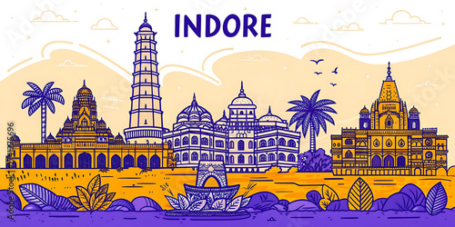 Indore Skyline Illustration: Ultra-Detailed Sketch for Tourism Promotion Featuring Cultural Landmarks