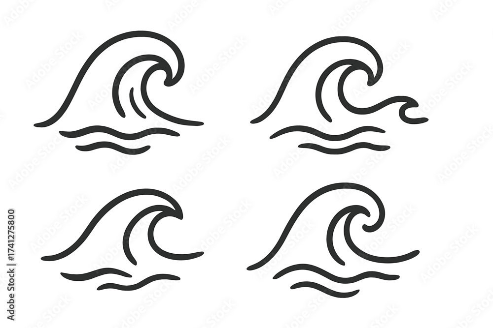 Fototapeta premium Set of four simple black wave icons, curved water symbols, linear ocean waves illustrations with transparent background, minimalistic vector design for summer, sea, surf