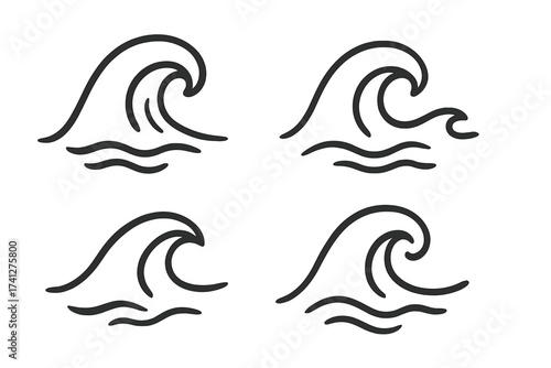 Set of four simple black wave icons, curved water symbols, linear ocean waves illustrations with transparent background, minimalistic vector design for summer, sea, surf