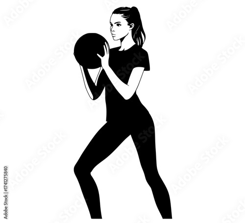 a silhouette of a woman holding a basketballathletic, ball, beautiful, black, bowling ball, catch, girl, hand, illustration, profile, woman 