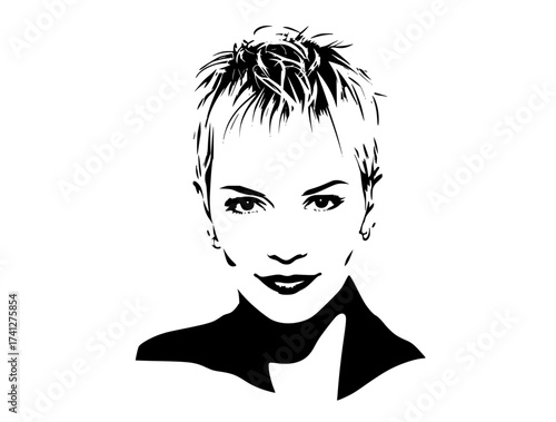 a black and white portrait of a woman with short hairblack, face, girl, hair, haircut, illustration, portrait, smile, white, woman 