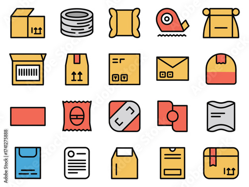Colorful icons of packaging materials, including boxes, tape, and padded envelopes.