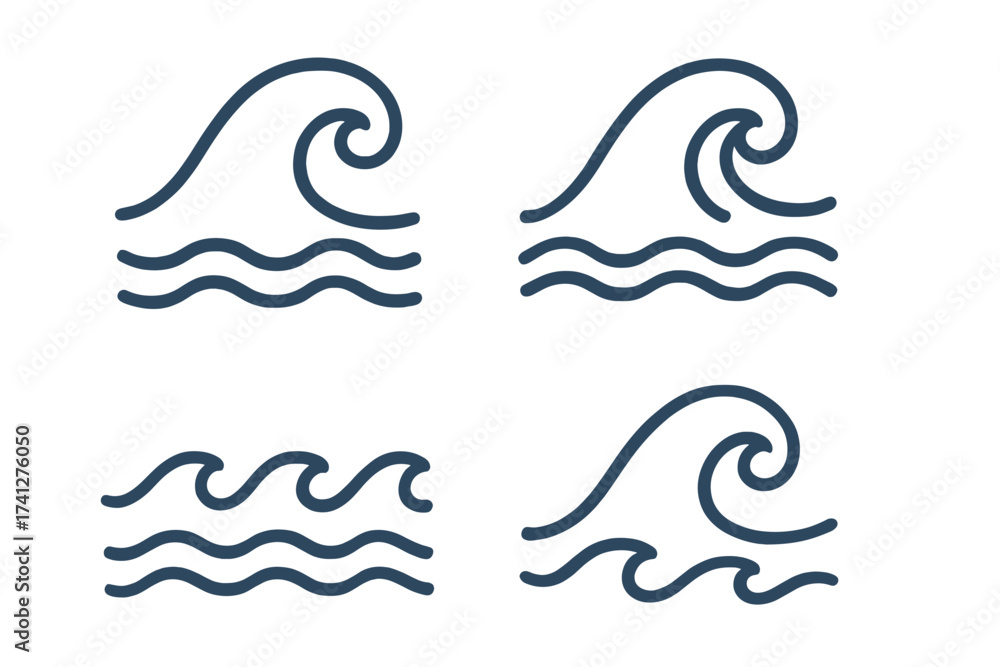 Fototapeta premium Set of Wave Symbols in Linear Style, Water Icons, Vector Cartoon Illustration with Transparent Background, Ocean, Sea, Surf, Water Element, Fluidity, Nature, Blue Wave Designs