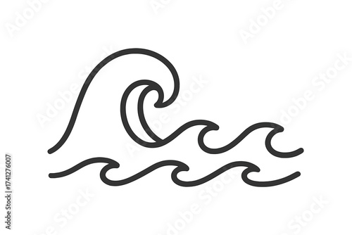 Linear wave symbol vector, simple water wave icon illustration, ocean wave cartoon style, minimalistic water splash design, black outline transparent background