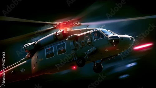 Military helicopter flying takeoff in mission defense and attack