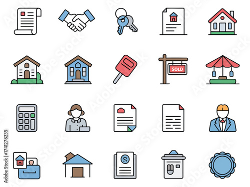 Colorful icons representing real estate services and transactions with a modern design.