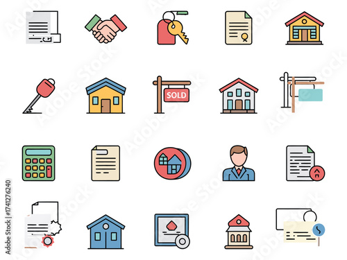 Colorful icons representing real estate transactions, including houses, agreements, and keys.