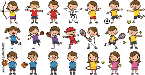 Cartoon children doing sports and activities like archery, dancing, soccer, tennis, drone flying, fitness, martial arts, skipping rope