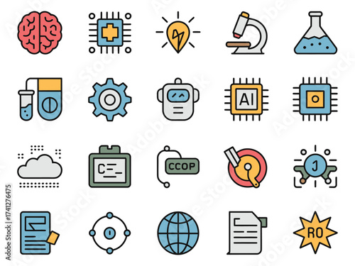 Colorful icons representing technology, science, and AI concepts in a modern design.