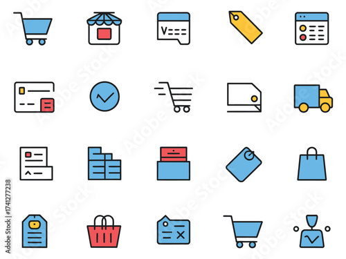Colorful shopping and e-commerce icons in a flat design style, showcasing various shopping elements.