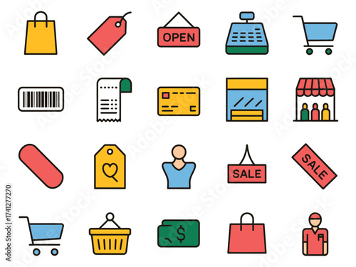Colorful shopping and retail icons for online and in-store shopping experiences.