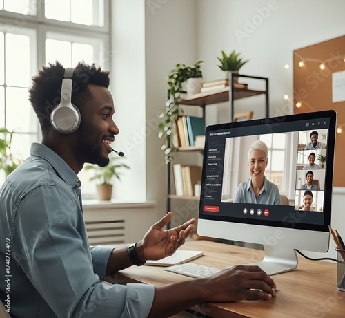 African American mixed race adult student wearing headphones having virtual meeting online call with teacher, educational webinar chatting at home office. Video e learning conference call on pc.