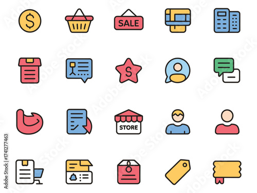 Colorful vector icons representing shopping concepts, sales, and communication in a modern style.