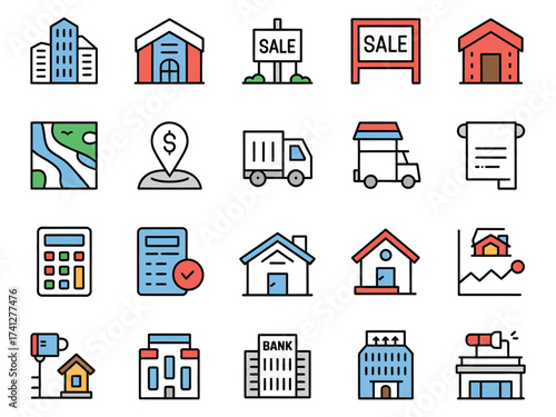 Colorful vector icons representing real estate, sales, and financial transactions in a modern style.