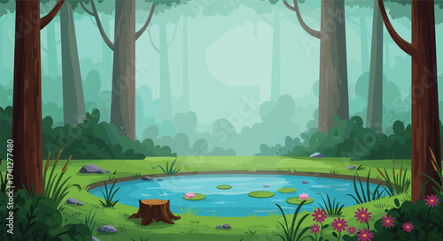 Peaceful forest pond with lily pads, pink flowers, tree stump, lush greenery, rocks, and vibrant blossoms in tranquil woodland setting