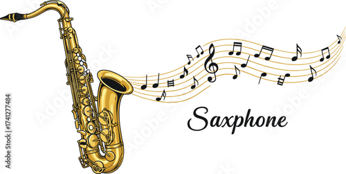 Golden saxophone with flowing musical notes, jazz melody theme, realistic instrument illustration for music, concert, performance, and sound design