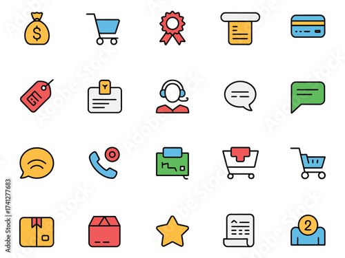 Diverse set of colorful icons representing shopping, notifications, and customer service.