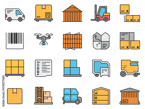 Diverse logistics and delivery icons illustrating warehouse operations and transportation.