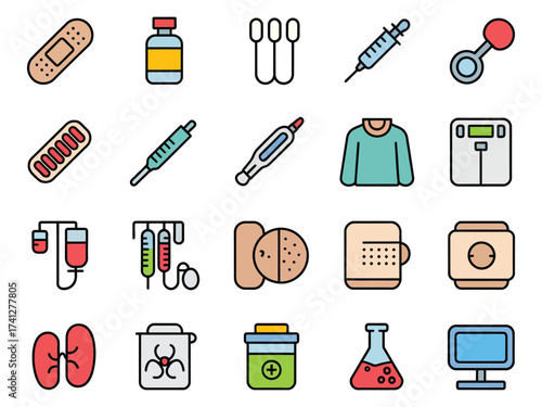 Illustration of medical icons including bandages, syringes, and test tubes.
