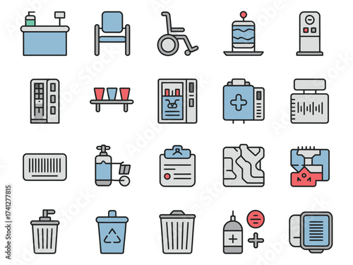 Illustration of various healthcare icons including medical equipment and facilities.