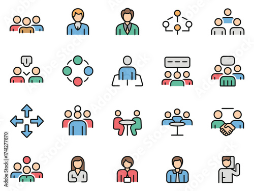 Set of business and teamwork icons illustrating collaboration and communication concepts.