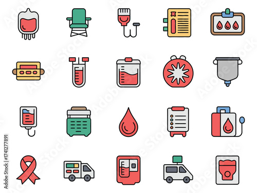 Set of colorful icons related to blood donation and collection, featuring essential medical tools.