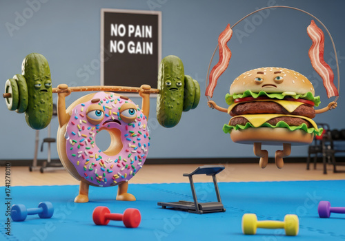 A donut and a hamburger character are working out in a gym, lifting weights and jumping rope, with a no pain no gain sign in the background