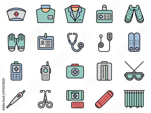 Various medical icons including gloves, stethoscope, and a first aid kit in a flat design style.