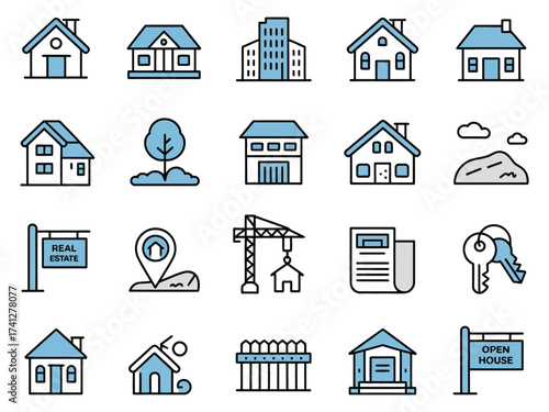 Various real estate icons, featuring different home designs and industry symbols in a flat style.