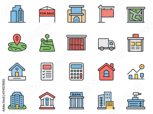 Various real estate icons in a colorful flat design style, ideal for property and finance themes.