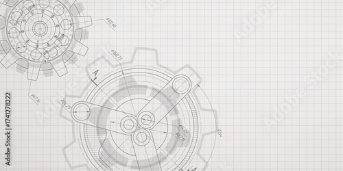 School education, study. Gears. Engineering industry. Technical drawing of gear .Technology background. Vector illustration.