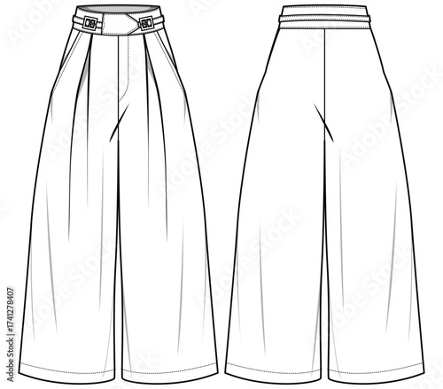 Women's cropped flare pants  trouser flat sketch fashion illustration cad drawing front and back view, Wide leg boot cut pant design