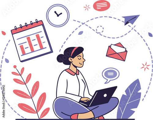 Flat Vector Illustration of Remote Work Productivity and Time Management