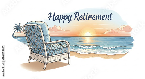 Idyllic Beachside Retirement Scene with a Wicker Chair Overlooking a Sunset Ocean View and a Palm Tree