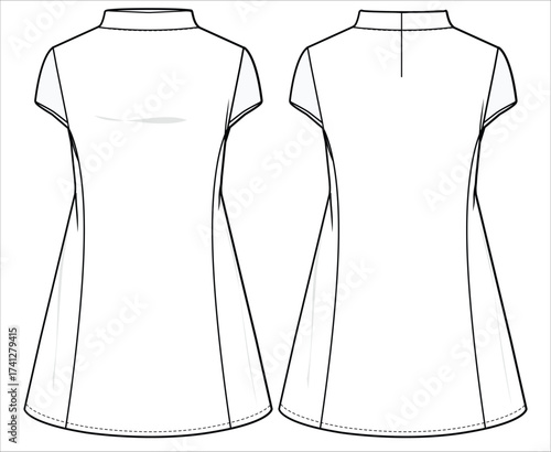 Women band collar Shift dress design flat sketch fashion illustration with front and back view, Basic Cap sleeve Mandarin collar shift dress cad drawing vector template