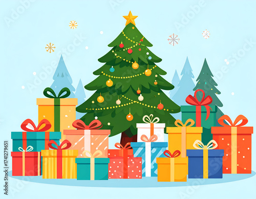 Festive Christmas Tree and Gift Boxes Illustration.