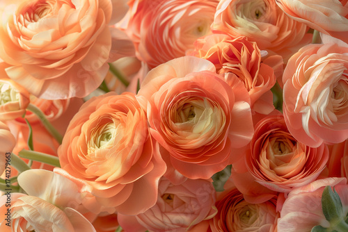 Delicate peach ranunculus flowers bloom with soft, layered petals in warm sunlight.