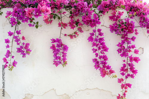 Vibrant pink bougainvillea cascades down a rustic white wall, creating a beautiful natural display.