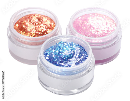 Glitter gel in a small white container, shimmering cosmetic for body and face isolated on white