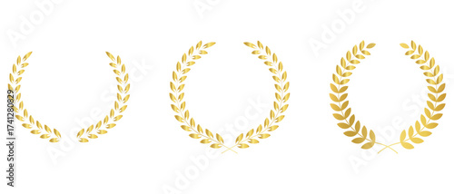 Set of golden silhouette circular laurel foliate. Laurel wreath set. Silhouette vintage laurel wreaths collection. Greek olive branch award. Vector illustration.